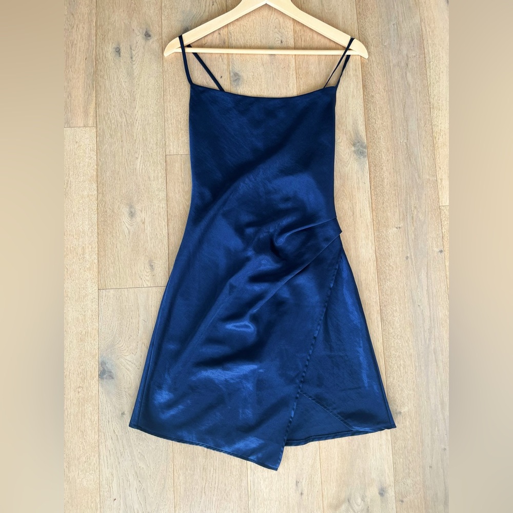 Saints + Secrets Navy Blue Satin Asymmetrical Slip Dress with Slit